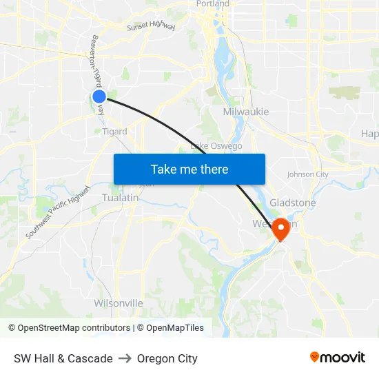 SW Hall & Cascade to Oregon City map
