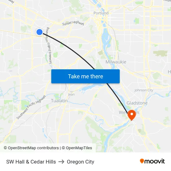 SW Hall & Cedar Hills to Oregon City map