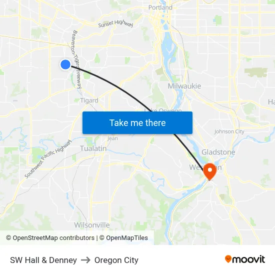 SW Hall & Denney to Oregon City map