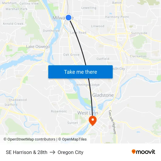 SE Harrison & 28th to Oregon City map