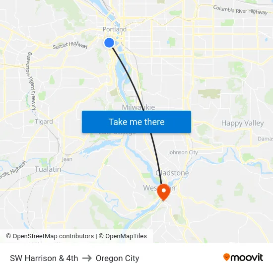 SW Harrison & 4th to Oregon City map