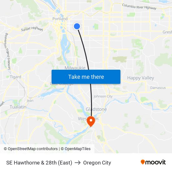 SE Hawthorne & 28th (East) to Oregon City map