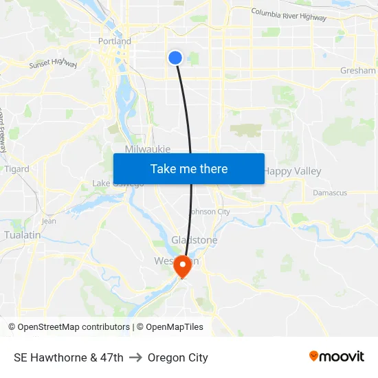 SE Hawthorne & 47th to Oregon City map