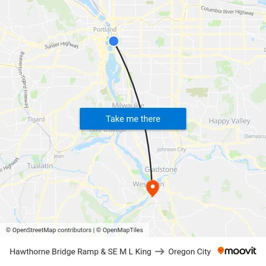 Hawthorne Bridge Ramp & SE M L King to Oregon City map
