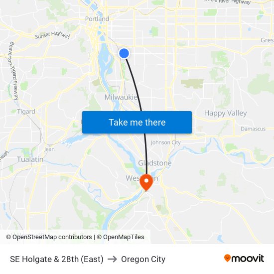 SE Holgate & 28th (East) to Oregon City map