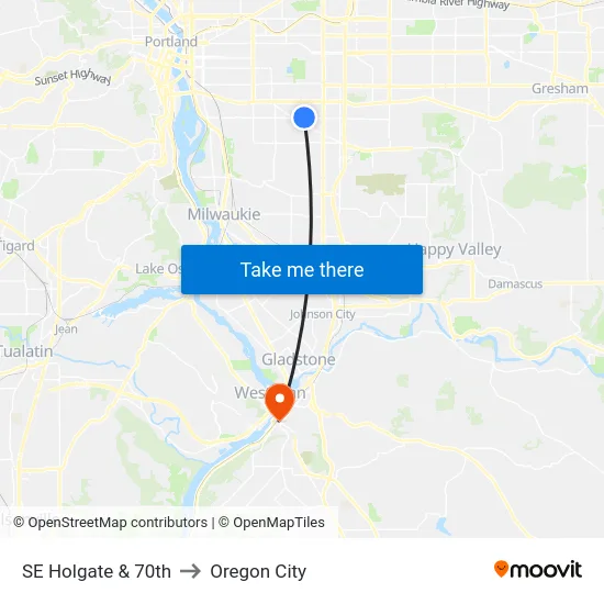 SE Holgate & 70th to Oregon City map