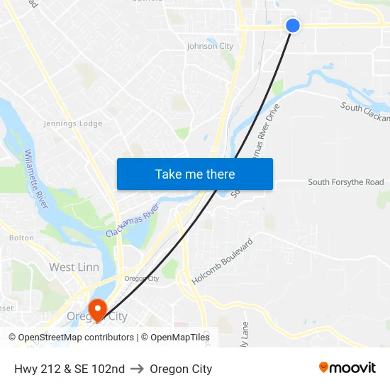 Hwy 212 & SE 102nd to Oregon City map