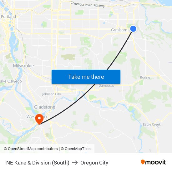 NE Kane & Division (South) to Oregon City map