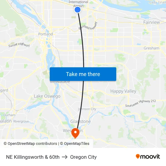 NE Killingsworth & 60th to Oregon City map
