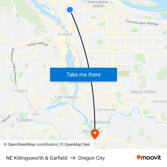 NE Killingsworth & Garfield to Oregon City map