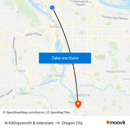 N Killingsworth & Interstate to Oregon City map