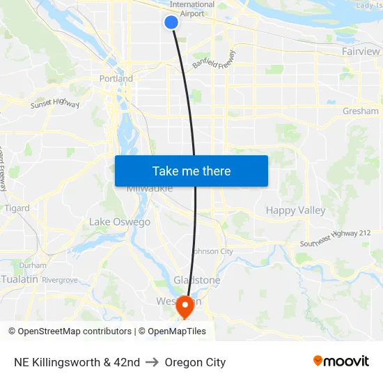 NE Killingsworth & 42nd to Oregon City map