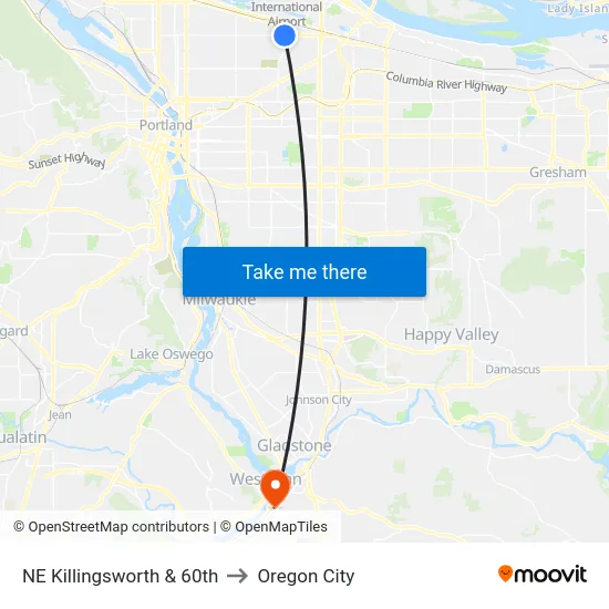 NE Killingsworth & 60th to Oregon City map