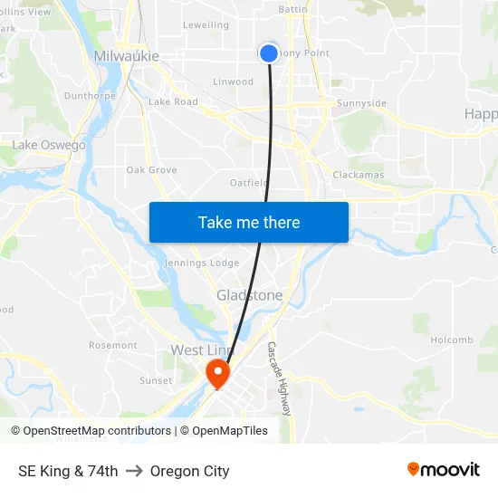 SE King & 74th to Oregon City map