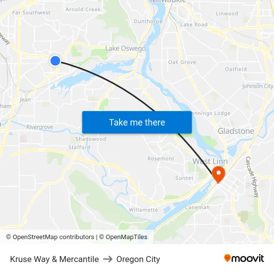 Kruse Way & Mercantile to Oregon City map