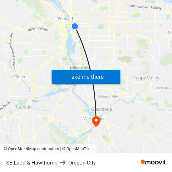 SE Ladd & Hawthorne to Oregon City map