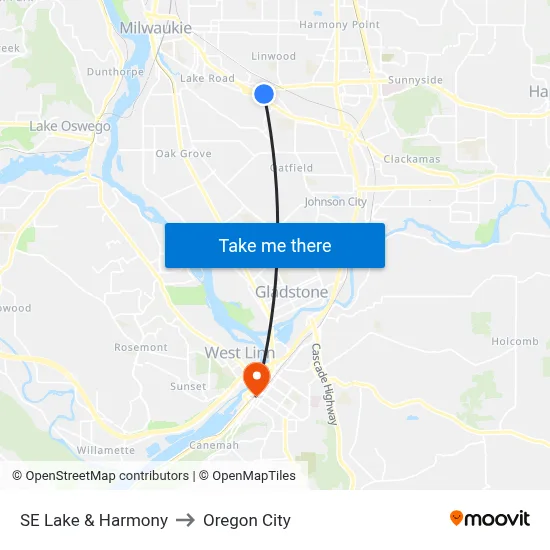 SE Lake & Harmony to Oregon City map