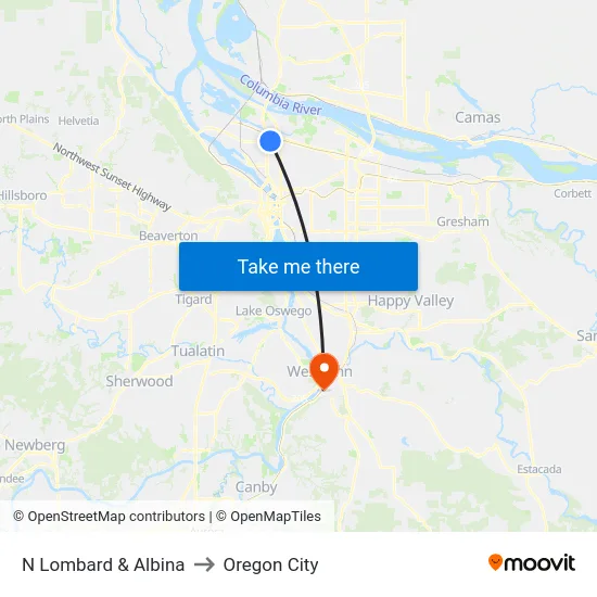 N Lombard & Albina to Oregon City map