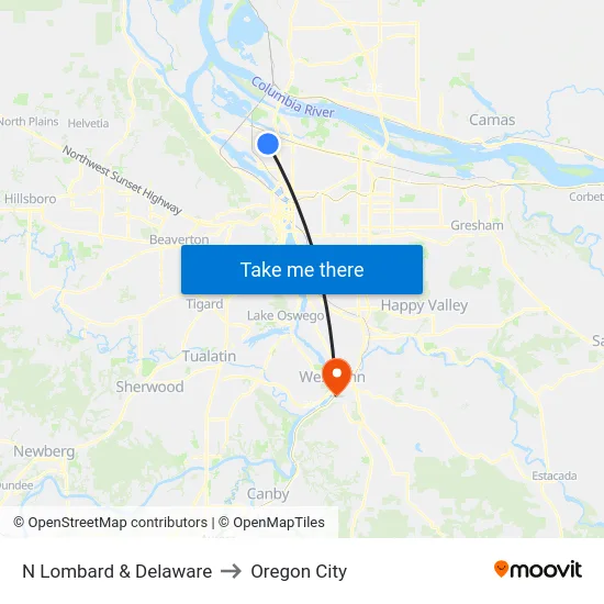 N Lombard & Delaware to Oregon City map