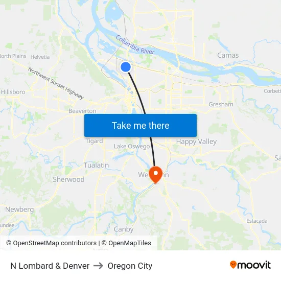 N Lombard & Denver to Oregon City map