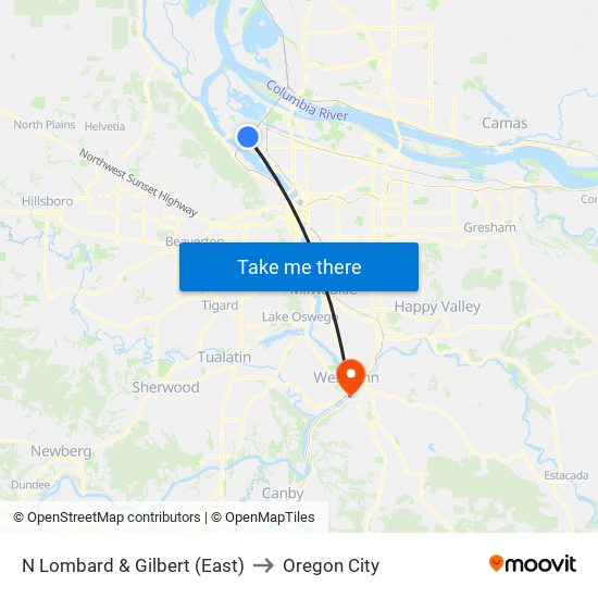 N Lombard & Gilbert (East) to Oregon City map