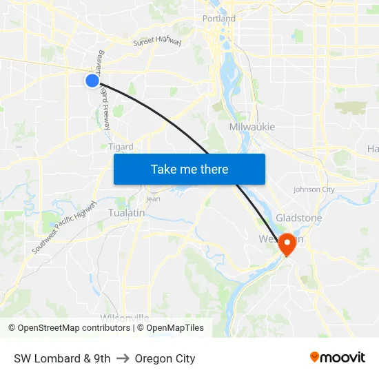 SW Lombard & 9th to Oregon City map