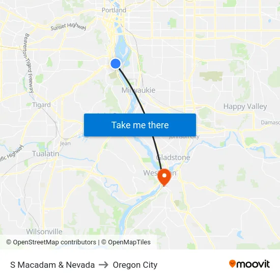 S Macadam & Nevada to Oregon City map
