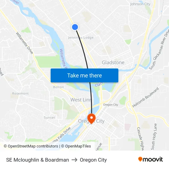 SE Mcloughlin & Boardman to Oregon City map