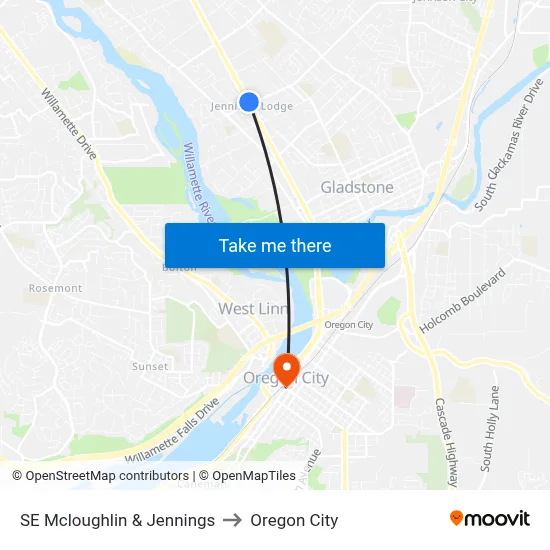 SE Mcloughlin & Jennings to Oregon City map