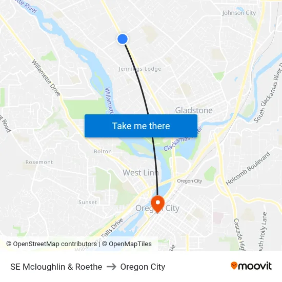 SE Mcloughlin & Roethe to Oregon City map