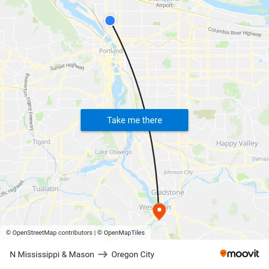 N Mississippi & Mason to Oregon City map