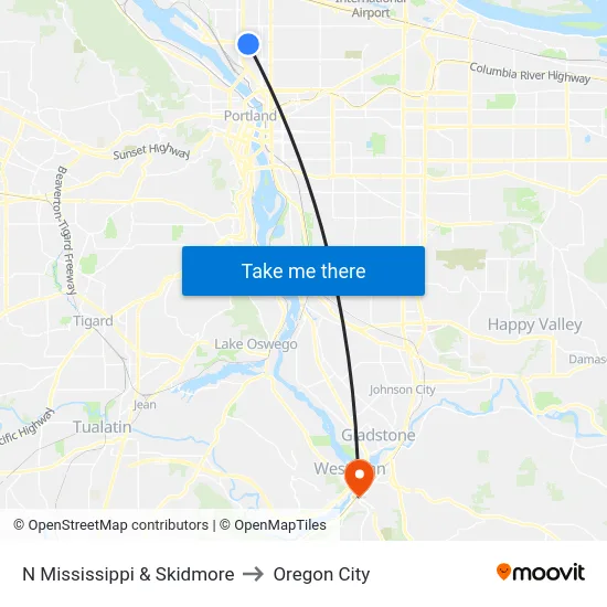 N Mississippi & Skidmore to Oregon City map