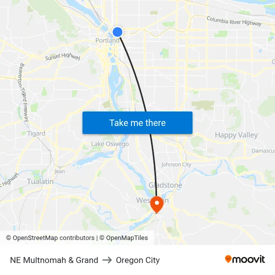 NE Multnomah & Grand to Oregon City map