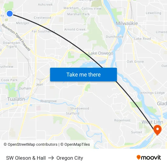 SW Oleson & Hall to Oregon City map
