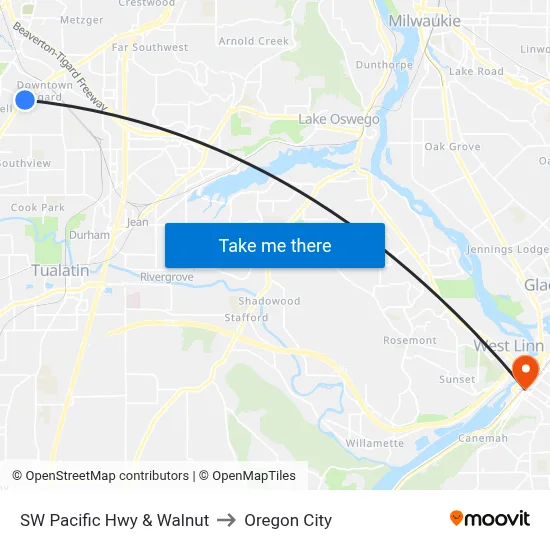 SW Pacific Hwy & Walnut to Oregon City map