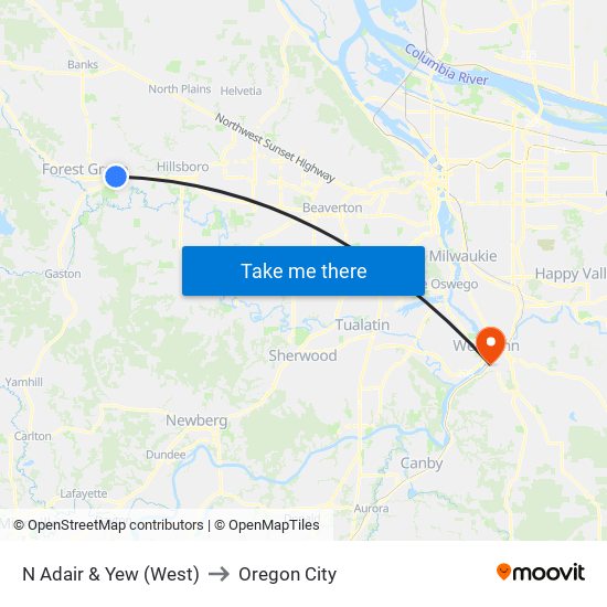 N Adair & Yew (West) to Oregon City map