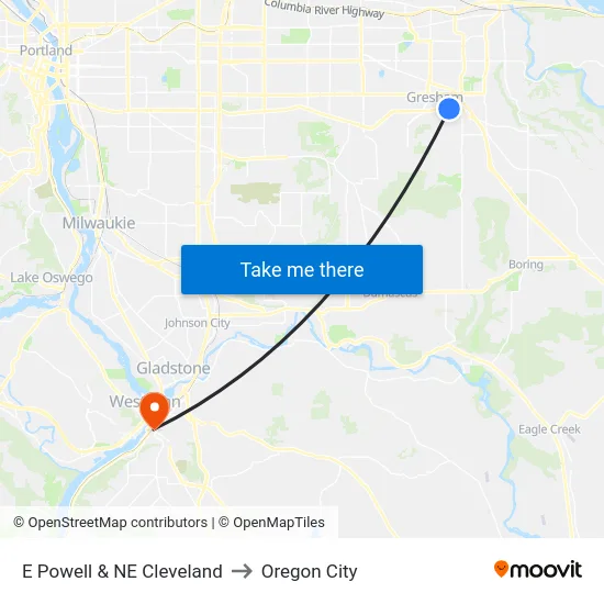 E Powell & NE Cleveland to Oregon City map
