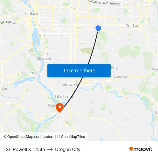 SE Powell & 145th to Oregon City map