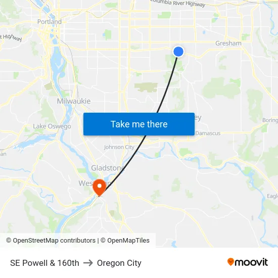 SE Powell & 160th to Oregon City map