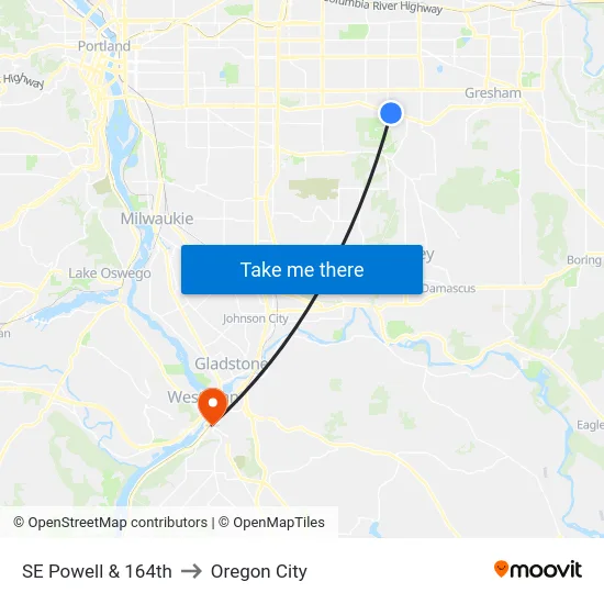 SE Powell & 164th to Oregon City map