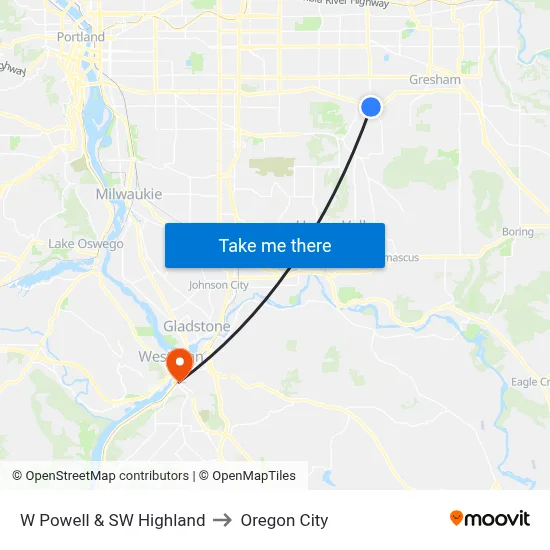 W Powell & SW Highland to Oregon City map