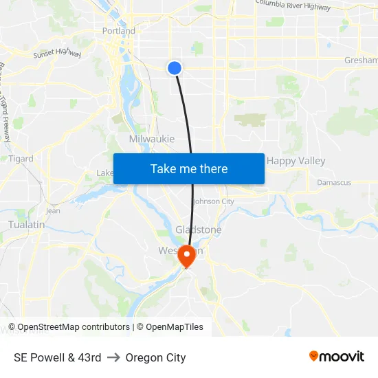 SE Powell & 43rd to Oregon City map