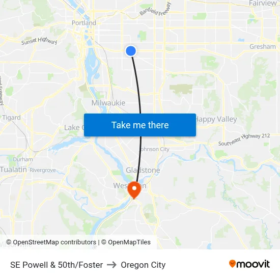 SE Powell & 50th/Foster to Oregon City map