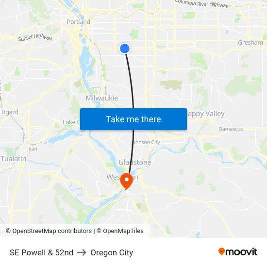 SE Powell & 52nd to Oregon City map