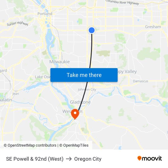 SE Powell & 92nd (West) to Oregon City map