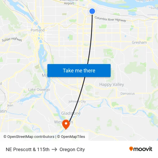 NE Prescott & 115th to Oregon City map
