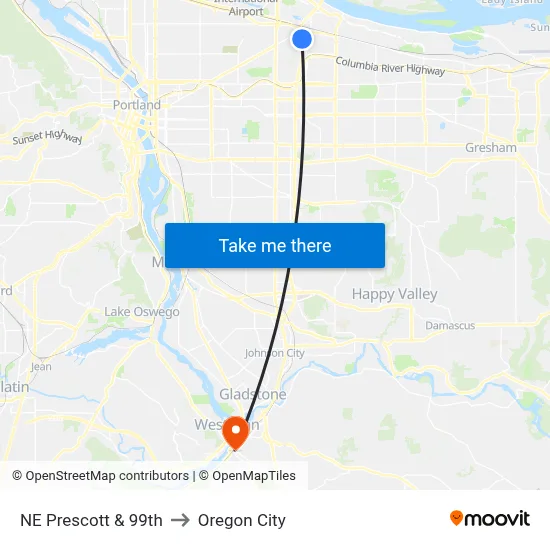 NE Prescott & 99th to Oregon City map
