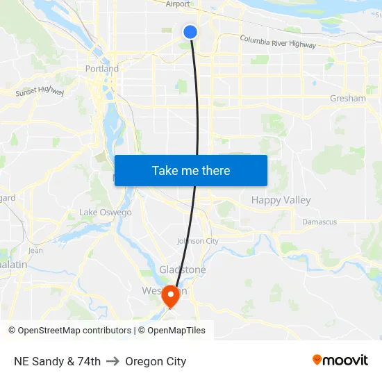 NE Sandy & 74th to Oregon City map