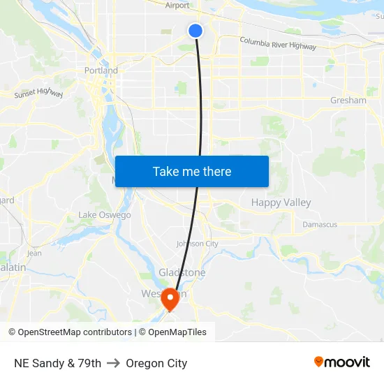 NE Sandy & 79th to Oregon City map