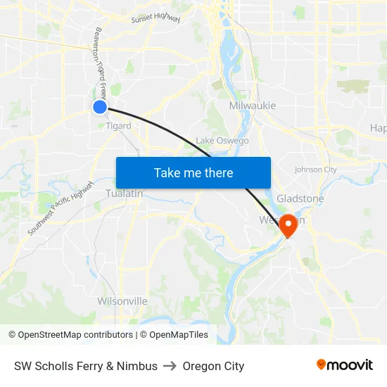 SW Scholls Ferry & Nimbus to Oregon City map